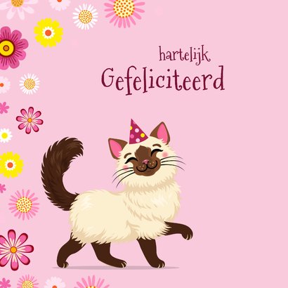 Lieve kat & bloemen verjaardagskaart 2