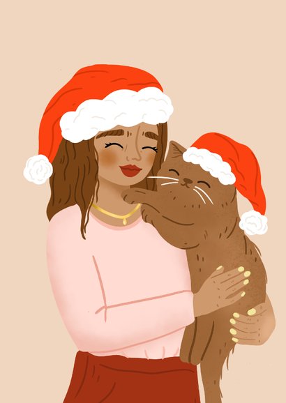 Lieve kerstkaart illustratie vrouw met kat 2
