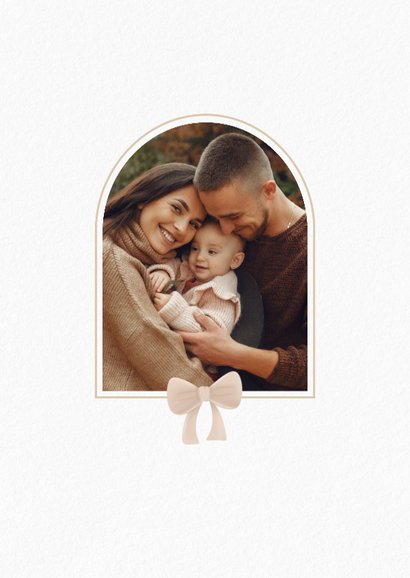 Lieve kerstkaart met foto in boog en beige strikje 2