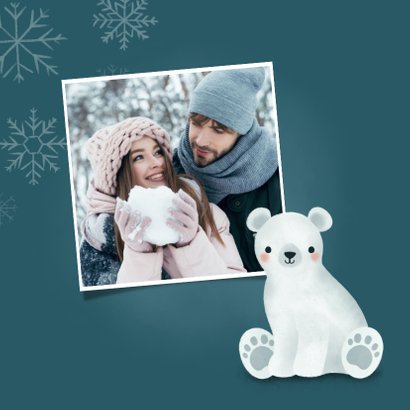 Lieve kerstkaart met ijsbeertje, warm wishes & sneeuwvlokken 2
