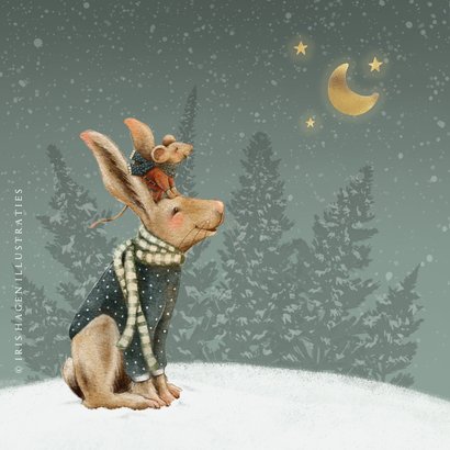 Lieve kerstkaart met illustratie haas en muis onder de maan 2