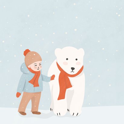 Lieve kerstkaart met jongetje en ijsbeer in de sneeuw 2