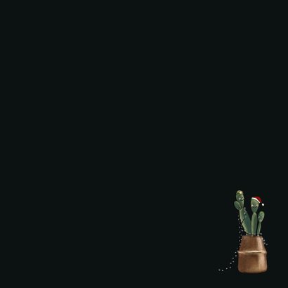Lieve kerstkaart van vriendelijke cactussen in koperen pot Achterkant