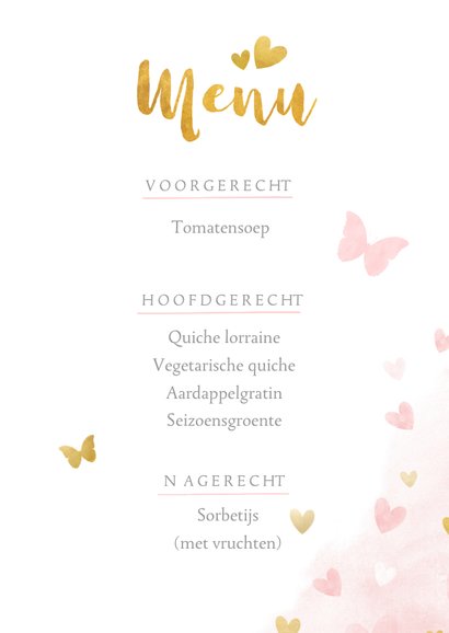 Lieve menukaart met vlinders en hartjes - communie menu 3