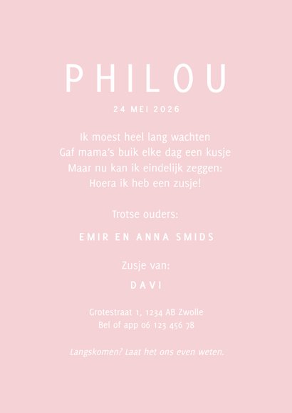 Lieve moderne roze geboortekaartjes met zwaantjes een zusje 3