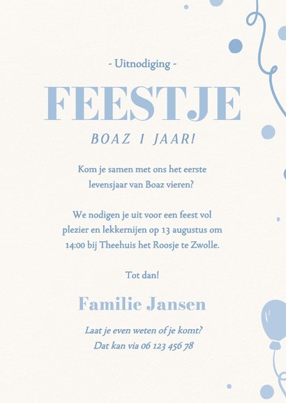 Lieve uitnodiging 1 jaar lichtblauw met foto 3