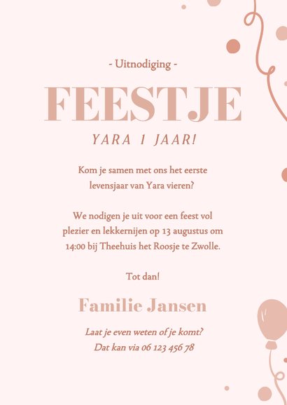 Lieve uitnodiging eerste verjaardag roze met foto 3