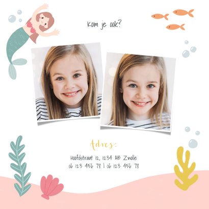 Lieve uitnodiging kinderfeestje zeemeermin, schildpad & foto 2