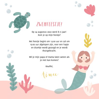Lieve uitnodiging kinderfeestje zeemeermin, schildpad & foto 3
