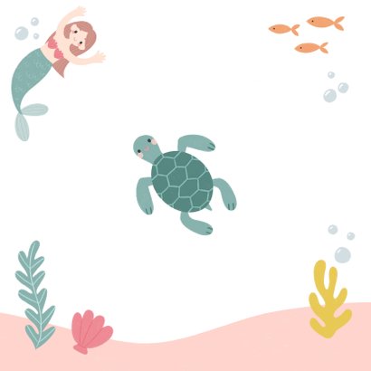 Lieve uitnodiging kinderfeestje zeemeermin, schildpad & foto Achterkant