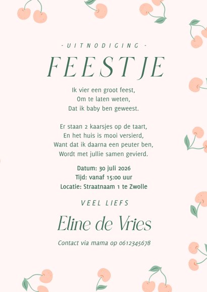 Lieve uitnodiging met kersjes voor kinderfeestje 3