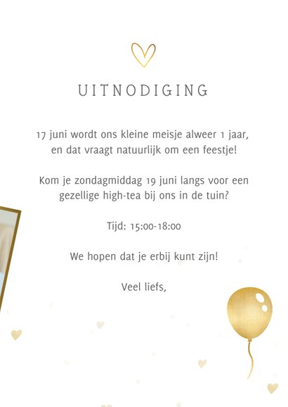 Lieve uitnodiging voor de 1ste verjaardag met grote foto 3