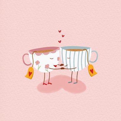 Lieve valentijnskaart met twee theekopjes en hartjes 2