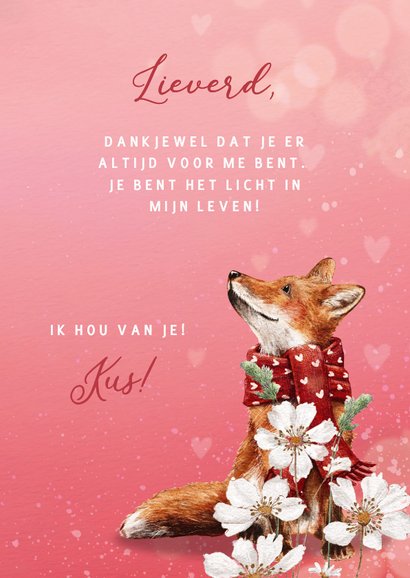 Lieve valentijnskaart met vosje tussen de bloemen en hartjes 3