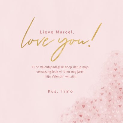 Lieve valentijnskaart met waterverf hartjes, foto & love you 3