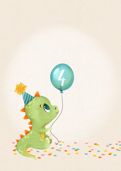 Lieve verjaardagskaart met dino ballon en confetti 2