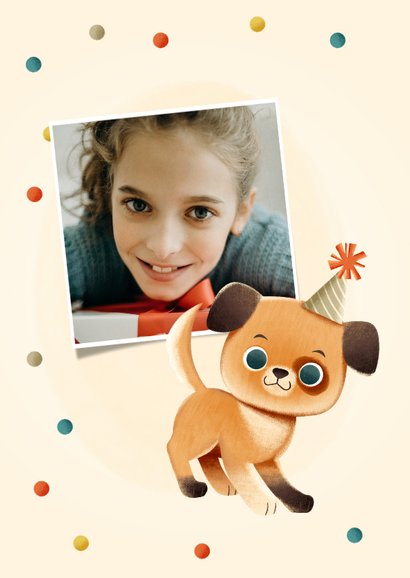 Lieve verjaardagskaart met hondje, confetti en feesthoedje 2