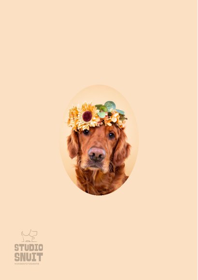 Lieve verjaardagskaart van hond met bloemenkrans 2