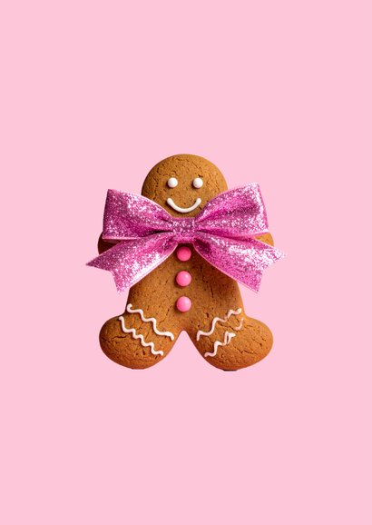 Lieve vrolijke kerstkaart met gemberkoek mannetje en strik 2