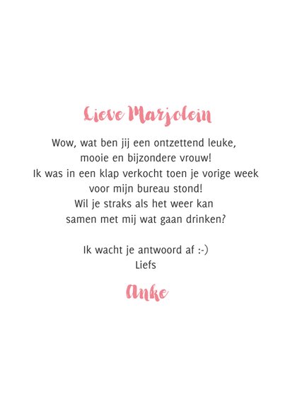 Lila kaart met tekst 'wow jij bent leuk! Mag ik je houden?' 3