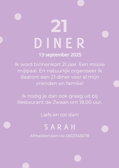 Lila uitnodiging 21-diner met holografische confetti 3