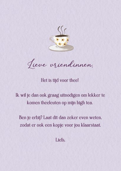 Lila uitnodiging voor een high tea met theekopjes 3