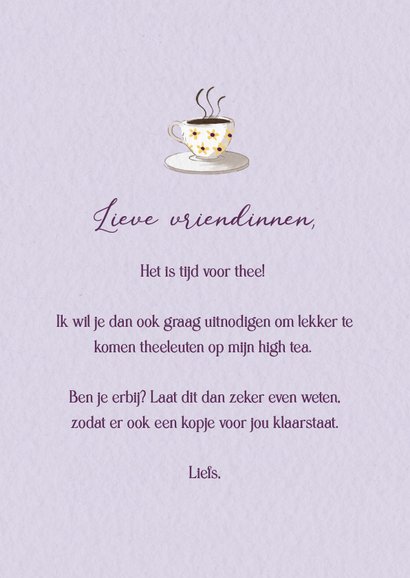Lila uitnodiging voor een high tea met theekopjes 3