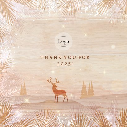 Luxe houtlook kerstkaart zakelijk met rendier in landschap 2
