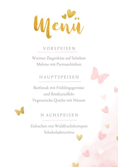 Menükarte Kommunion rosa Wasserfarbe & Goldlook 3