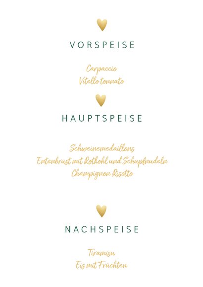 Menükarte zur Hochzeit 'Bon appetit' im Goldlook mit Herzen 3