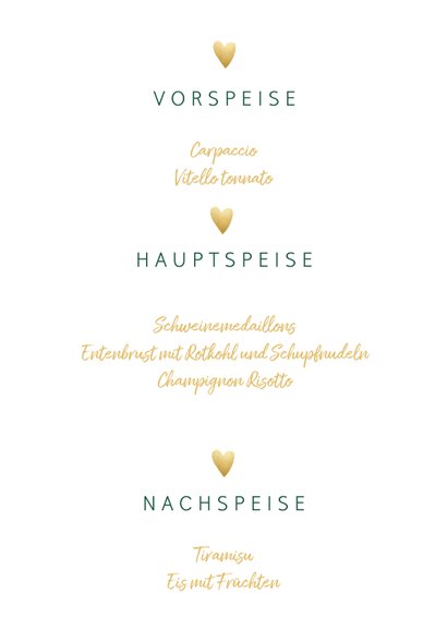 Menükarte zur Hochzeit 'Bon appetit' im Goldlook mit Herzen 3