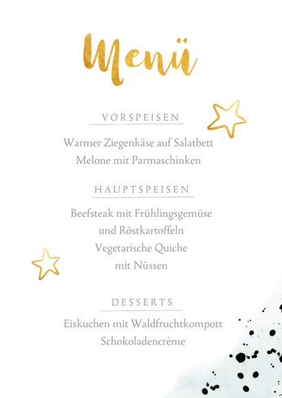 Menükarte zur Kommunion Wasserfarbe & Goldlook blau 3