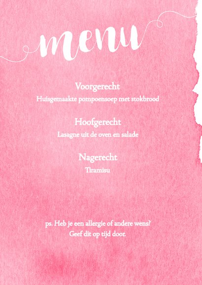 Menukaart 21 diner waterverf roze - DH 2