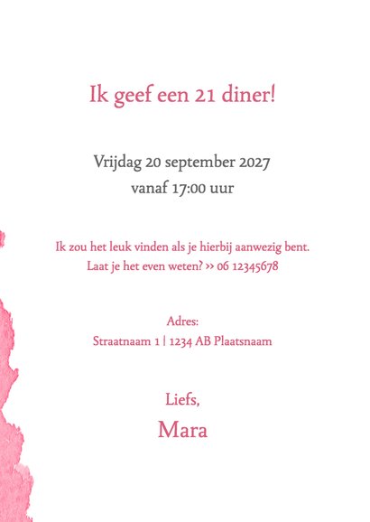 Menukaart 21 diner waterverf roze - DH 3