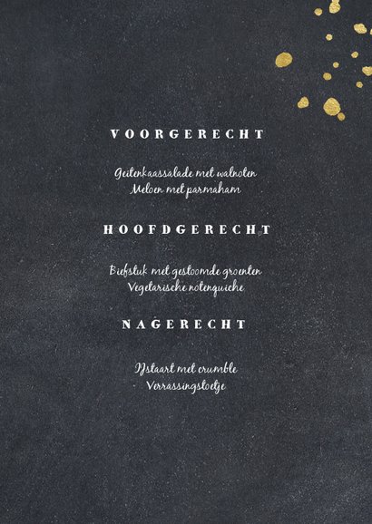Menukaart communie krijtbord foto en gouden spetters 3