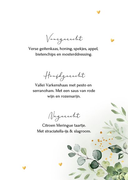 Menukaart huwelijk botanisch groen blaadjes goudlook hartjes 3