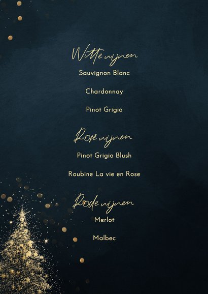 Menukaart kerst donkerblauw met gouden kerstbomen 2