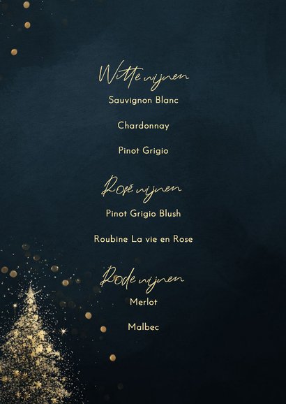 Menukaart kerst donkerblauw met gouden kerstbomen 2