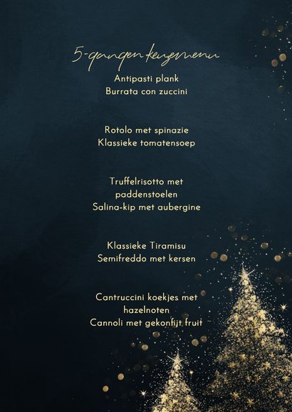 Menukaart kerst donkerblauw met gouden kerstbomen 3