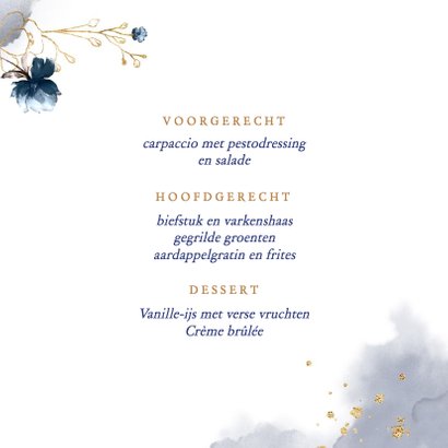 Menukaart trouw rozen goud met blauw 3