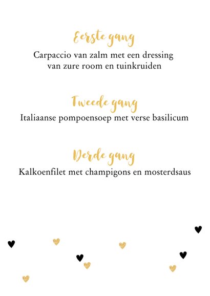 Menukaart trouwen goud en zwarte hartjes 2