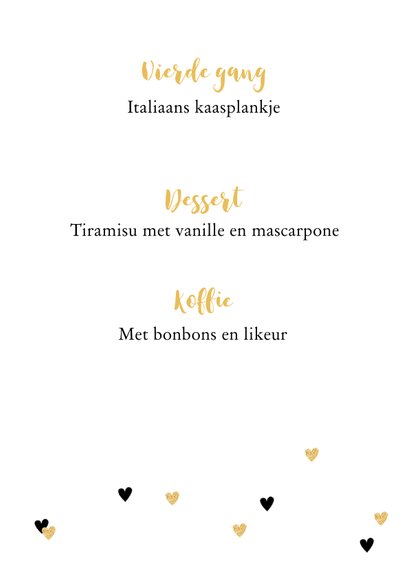 Menukaart trouwen goud en zwarte hartjes 3