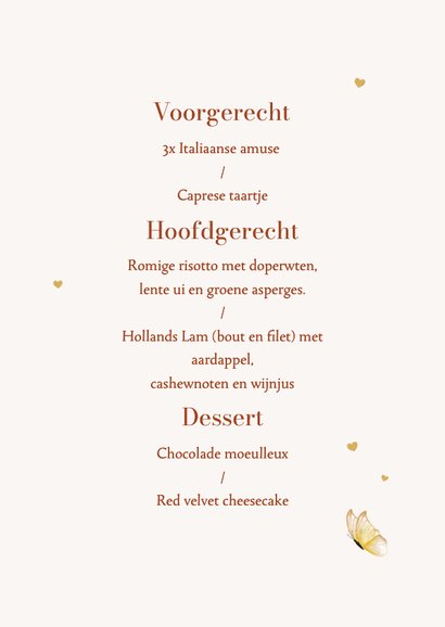 Menukaart wines dines bohemian bloemen vlinders hartjes goud 3