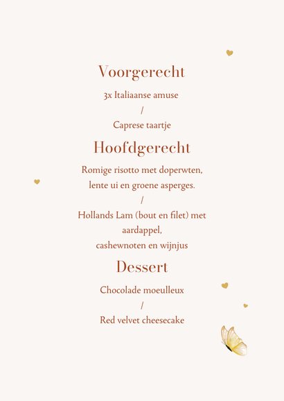 Menukaart wines dines bohemian bloemen vlinders hartjes goud 3