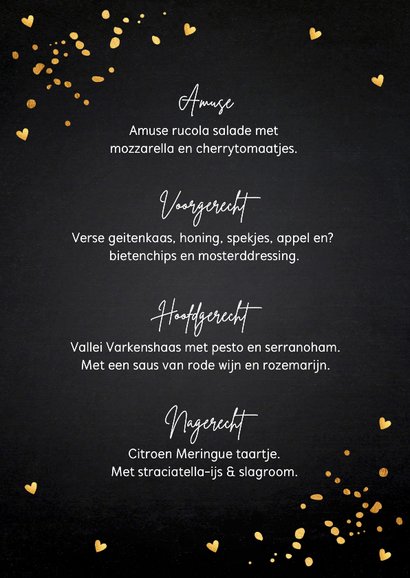 Menukaart zwart goudlook hartjes rechthoekig huwelijk 3
