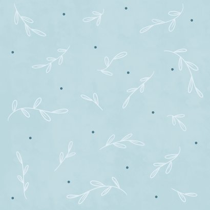 Minimalistisch blauw geboortekaartje botanische takjes Achterkant