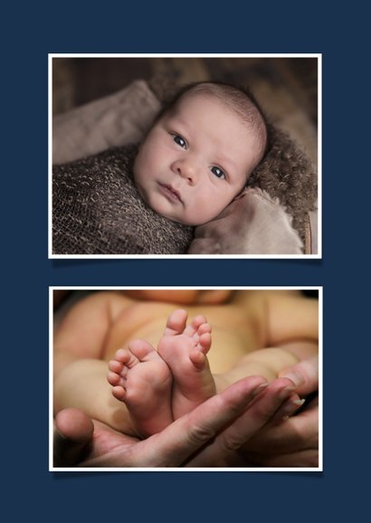 Minimalistisch blauw geboortekaartje jongen met foto en naam 2