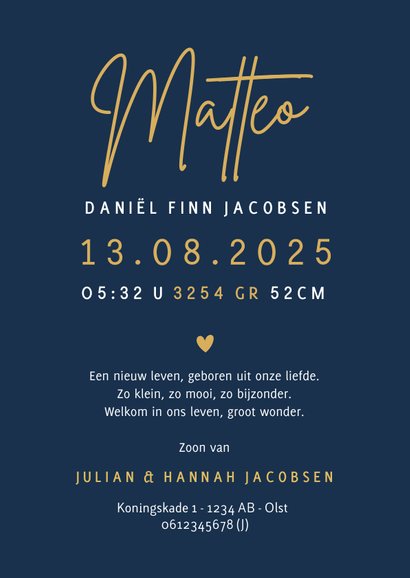 Minimalistisch blauw geboortekaartje jongen met foto en naam 3