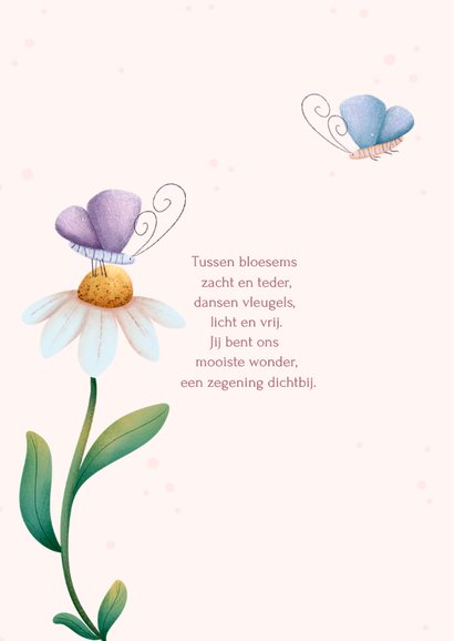 Minimalistisch geboortekaartje met bloem en vlinders 2
