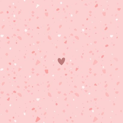 Minimalistisch geboortekaartje met terrazzo-look en hartjes Achterkant